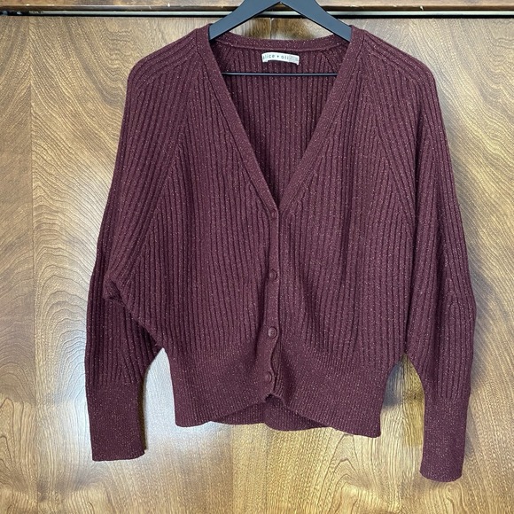 Alice + Olivia Large Metallic Shimmer Brown Cashmere Wool Ribbed Cardigan - Picture 1 of 11